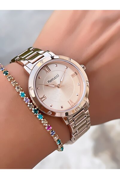 Ferrucci ساعة يد نسائية مقاومة للماء بسعة 3 ATM من الفولاذ + سوار هدية