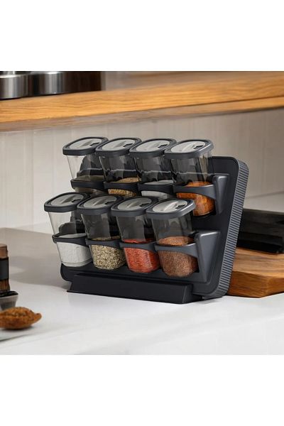 Kitchen Dream Anthracite 8-Piece Spice Rack Set - Hanging, Adhesive Countertop Stand and Rotating Lid