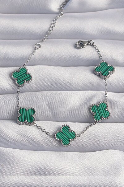 Genel Markalar Çelik Gümüş Renk Çizgili Yeşil Mineli Yonca Bileklik Unisex