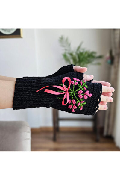 El örgüsü Parmaksız Çiçek İşlemeli Kadın Eldiven, El Örgüsü eldiven , Tığ işi eldive