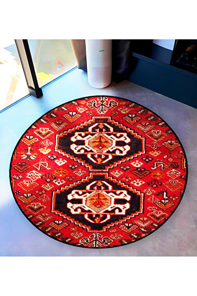 Rugs Modern Halı Red Themed Traditional Motif Patterned Round Woven Base Vint...
