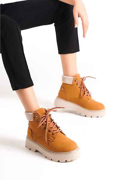 goldenfoot Γυναικείες μπότες με ψηλή σόλα καφέ σουέντ με κορδόνια