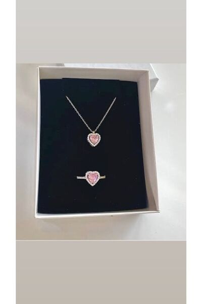 DMR Accessoire 316L zirkon taşlı lovely yüzük kolye seti
