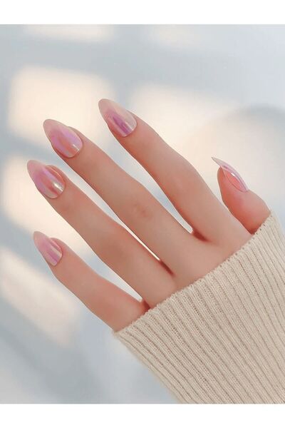 TipsArt Pembe Sedefli Badem 24’lü Takma Tırnak Seti & Zararsız Yapıştırıcı