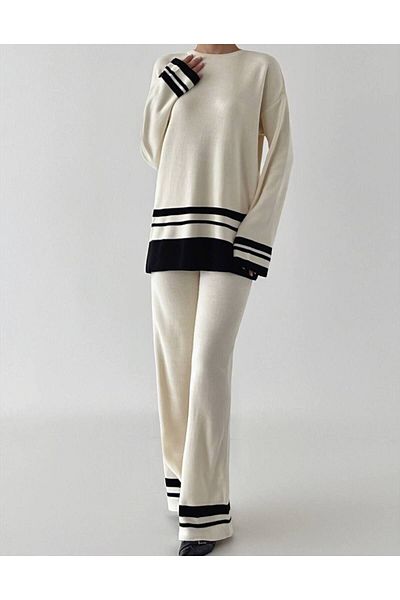 Lusin Ecru Women's Knitwear Set - Stylish Striped Crew Neck Sweater and Trousers Set