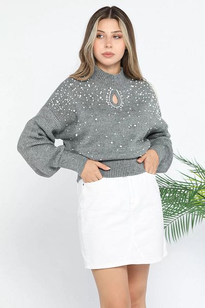 GÜLSELİ Pulover de damă din tricotaje cu perle gri