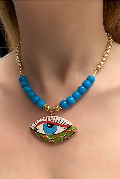 Kutcha Accessories Mavi Boncuklu El Yapımı Göz Figürlü Kolye