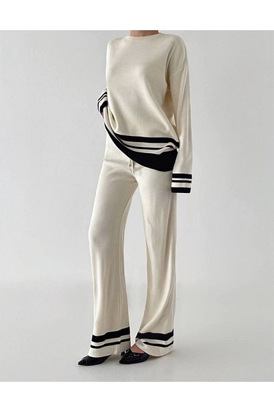 Lusin Ecru Women's Knitwear Set - Stylish Striped Crew Neck Sweater and Trousers Set