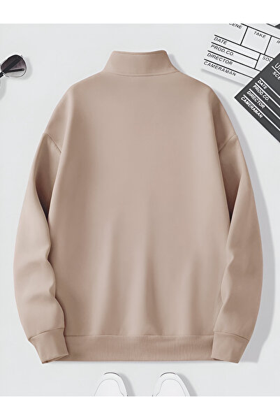 trendgar bej dik yakalı fermuarlı oversize unisex sweatshirt