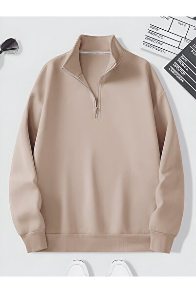 trendgar bej dik yakalı fermuarlı oversize unisex sweatshirt