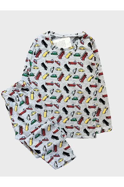 Şımarık Boy's Gray Cotton Long Sleeve Car Patterned Pajama Set