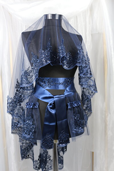 extrasepetim Lacivert Güpürlü Tel Kırma Gelin Duvak Kuşak Eldiven Tam Set Kın...