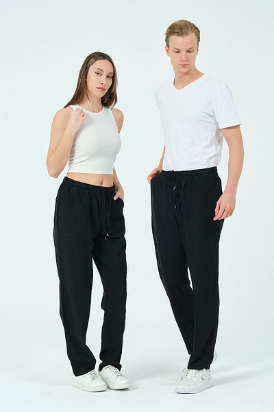 myfirstsea Linen Trousers Unisex Raw Cloth Cotton Elastic Waist Lace-up Pants