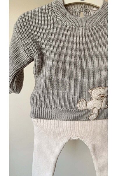 Nipperland Teddy Bear Patterned Baby Boy Knitwear Top and Bottom Set