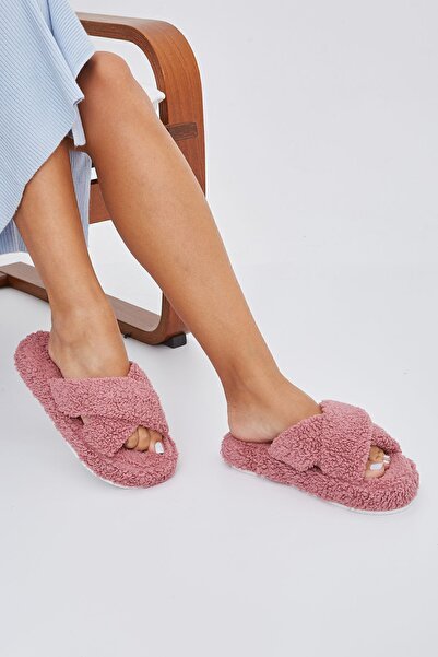 Moda Devrin Vişne Havlu Çapraz Sessiz Taban Kışlık Ev Terliği