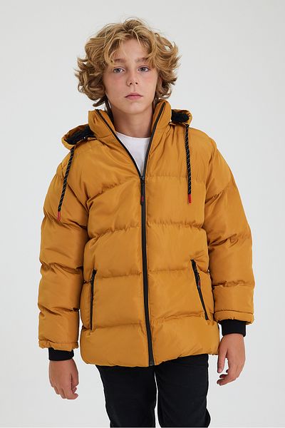 CIVILTIPOLO Yellow Puffer Jacket for Boy - Detachable Hood and Fur Detail, Windproof