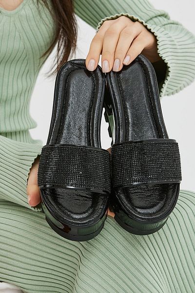 Moda Devrin Papuci de damă cu toc plat cu piatră neagră neagră Papuci cu talpă înaltă