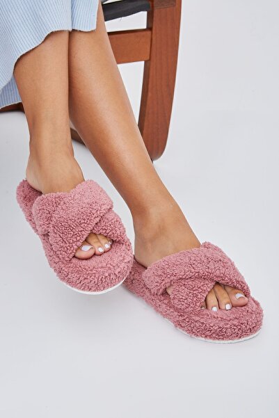 Moda Devrin Vişne Havlu Çapraz Sessiz Taban Kışlık Ev Terliği