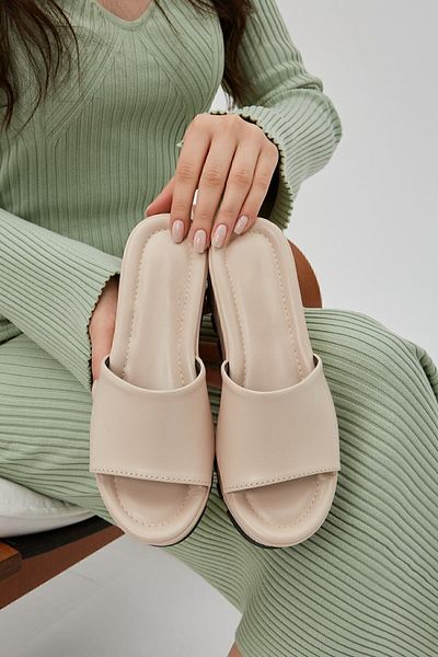 Moda Devrin Papuci de damă cu toc plat din piele bej Papuci cu talpă înaltă