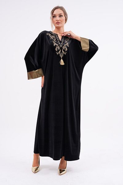 Eceyaman moda Plus Size Black Velvet Dress - Yellow Embroidered Collar and Yellow Stripe Detailed Sleeves