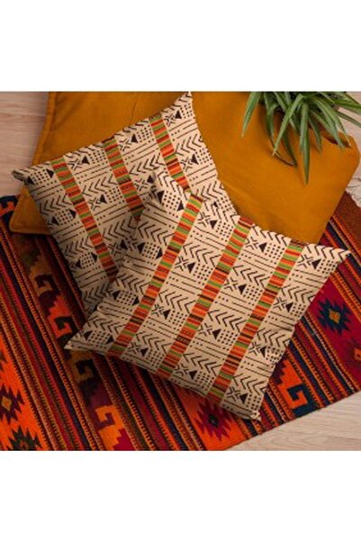 ALAMODECOR Set de 2 huse de pernă cu model geometric abstract, cu aspect de paie, crem portocaliu decorativ