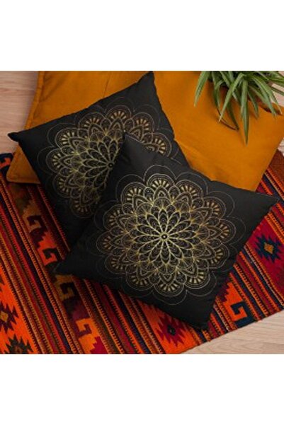ALAMODECOR Set de cu imprimeu huse pentru perne cu model Mandala cu flori africane, negru, auriu, digital, cu două fețe