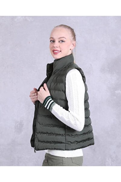 İgnites Khaki Colored Women's Short Puffer Vest