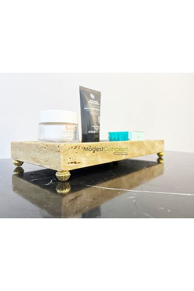 Modestmar 15X30Cm Natural Travertine Marble Tray with Blackberry Legs - Bathroom Organizer and Organizer