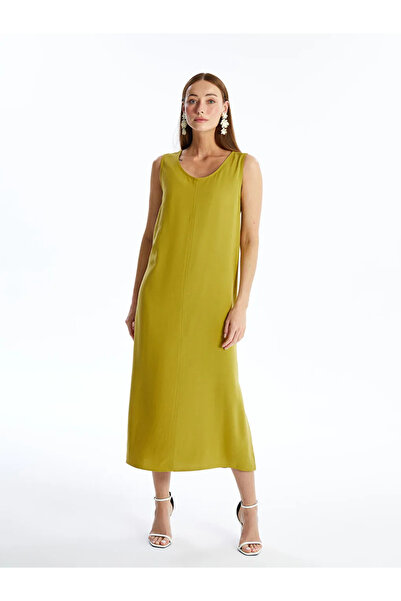 LC Waikiki Πράσινο λινό μείγμα ελιάς - Γυναικείο φόρεμα με λαιμόκοψη - LCWAIKIKI Classic