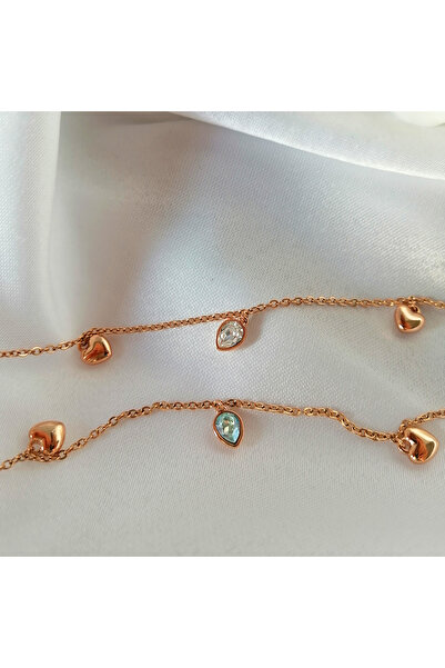 Butik Kadın Vip Çelik Gold Kalp Damla Taş Detay Bileklik 19cm