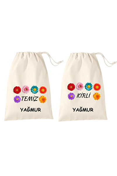 Elbasan Tekstil İsme Özel Kirli Yedek Çamaşır Torbası Papatya 30 x 40 cm Valiz İçi Organızer Bez Torbası 2li