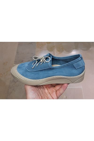 BRGL Pantofi de damă din piele naturală nubuck, talpă ortopedică, cu șireturi din cauciuc, albastru denim