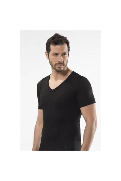 Cacharel 1602 حذاء رجالي حراري بأكمام قصيرة ورقبة على شكل حرف V - أسود