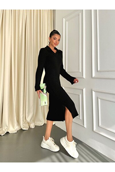 Genel Markalar Polo Yaka Kol ve Yıtmaç Detaylı Midi Triko Elbise