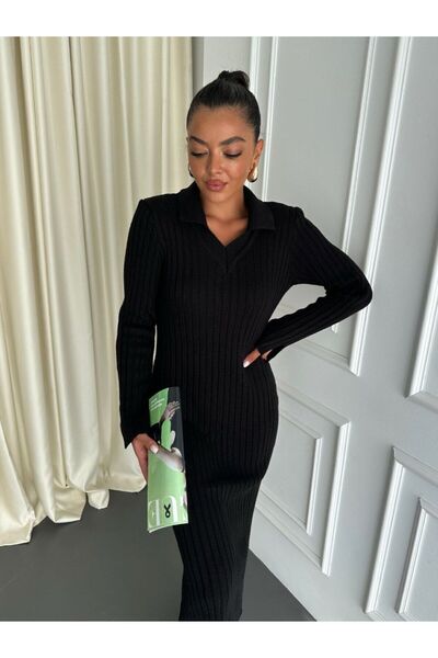 Genel Markalar Polo Yaka Kol ve Yıtmaç Detaylı Midi Triko Elbise