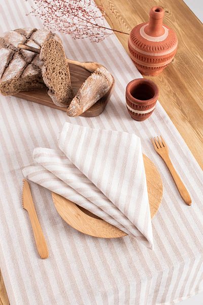 Wellstil Set 8 servetele de in cu dungi maro deschis 40 X 40 Cm