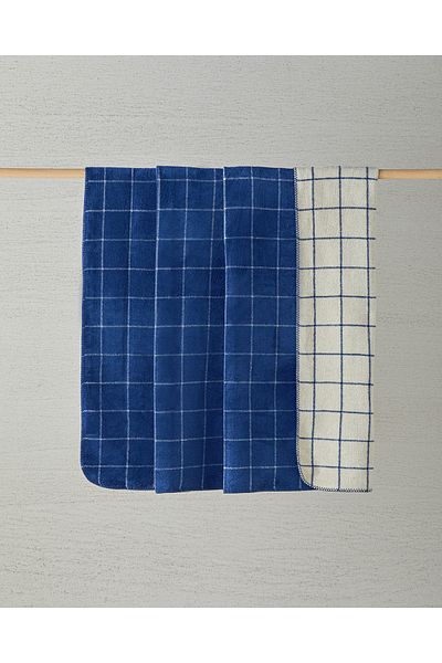 English Home Navy Blue - Cream Double Blanket, Cotton Check Design - 200X220