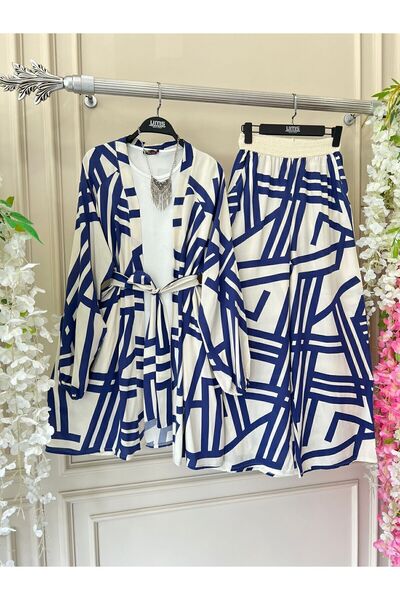 YEDİLALE Geometric Patterned Two Piece Kimono Set