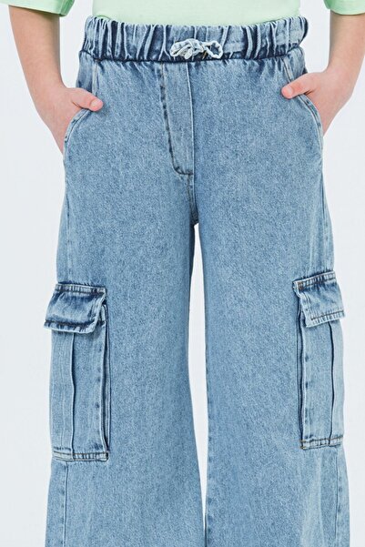 DMB BOYS & GIRLS Beli Lastikli Kargo Cepli Wide Leg Geniş Paça Jean Kız Çocuk Kot Pantolon