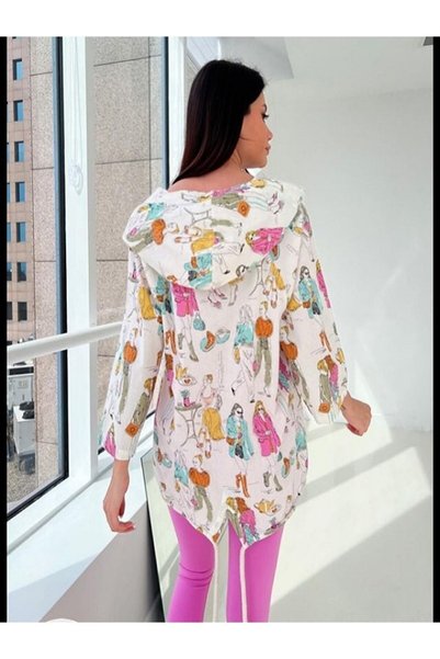 ESB Design Women's Beige Girl Colorful Embossed Printed Thin Hooded Loose Back Long Jacket A36-080