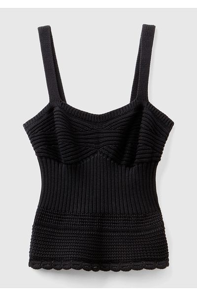 United Colors of Benetton Black Knitted Motif - Fringed Thick Strap Women's Knitwear Undershirt