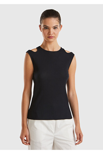 United Colors of Benetton Women's Black 100% Cotton Ribbed Tank Top with Cut-Out Detail on the Shoulders