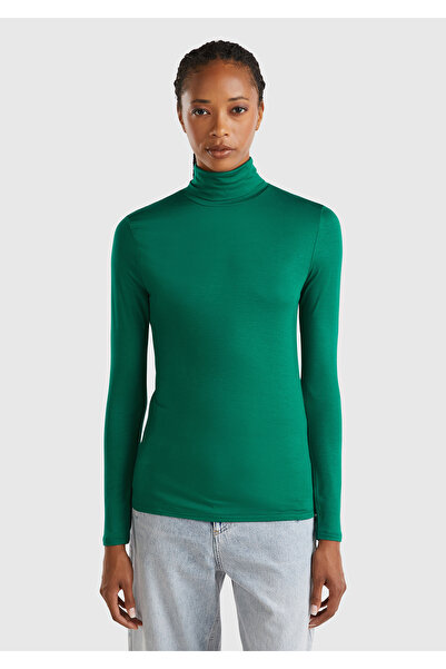 United Colors of Benetton Tricou vâscos verde închis cu gât - mânecă lungă