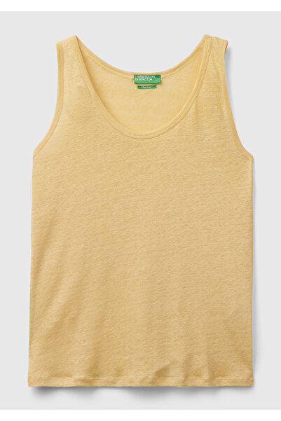 United Colors of Benetton Light Yellow Women's Tank Top - 100% Linen, Comfortable Fit, Thick Strap