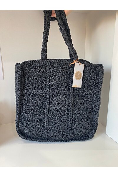 PeriStore Peridesign Hasır Siyah Motifli Tote El Örmesi Omuz Çantası Büyük Bo...