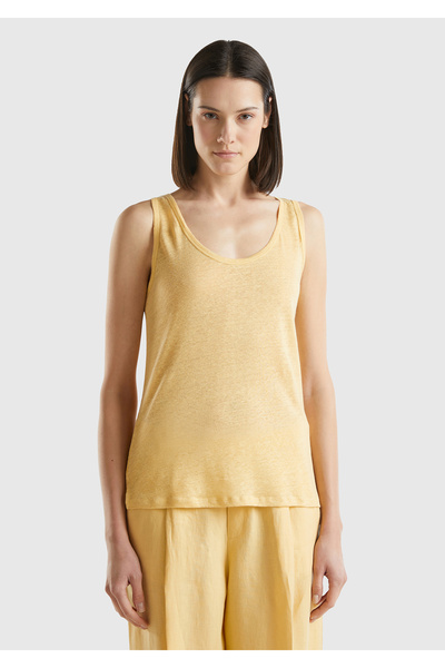 United Colors of Benetton Light Yellow Women's Tank Top - 100% Linen, Comfortable Fit, Thick Strap