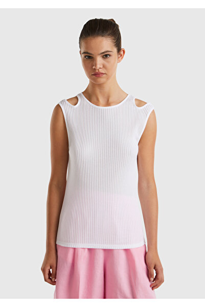 United Colors of Benetton White 100% Cotton Women's Athlete - Cut Shoulder Detail and Ribbed