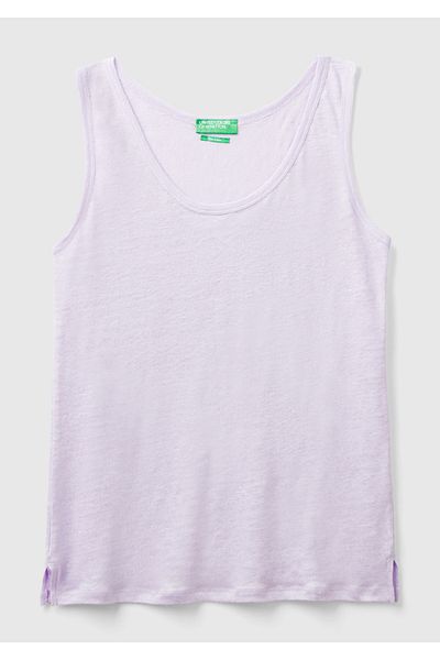 United Colors of Benetton Tricou de damă din in liliac - Potrivire confortabilă, curea groasă