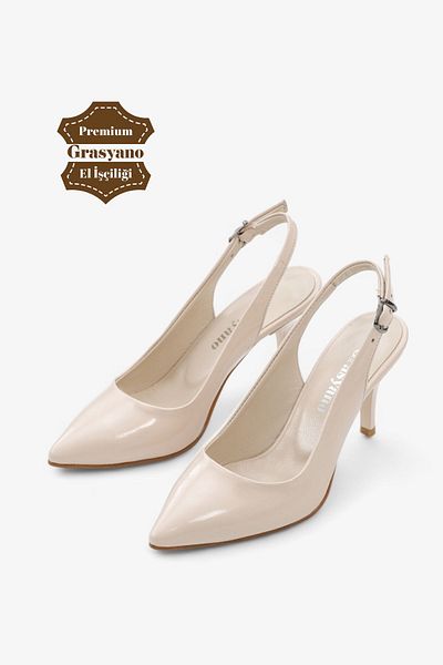 Grasyano Ecru Cream Patent Leather Genuine Leather Sandals - Soft, Open Back, 7.5 cm Pointed Stiletto Heels