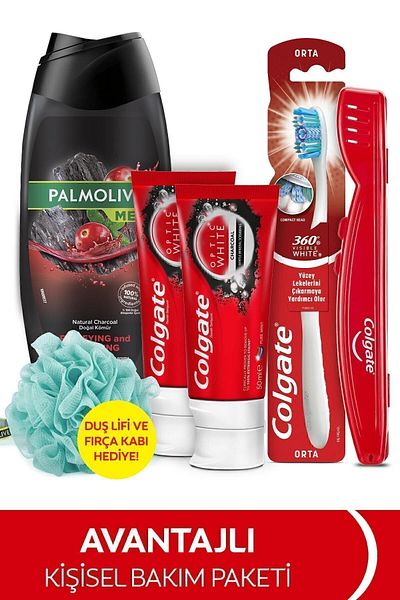 Colgate 50ml X2 Toothpaste, Medium Toothbrush, Palmolive Men Shower Gel 500ml + Shower Washcloth & Brush Container